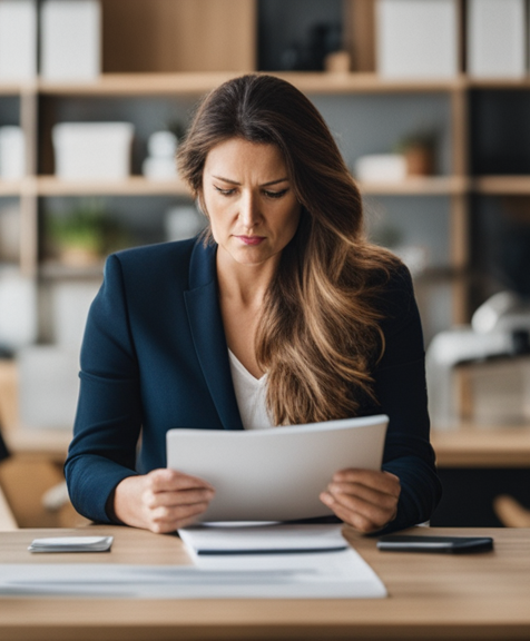 Businesswoman at counter with furrowed brow, seeking solutions to improve small business visibility.