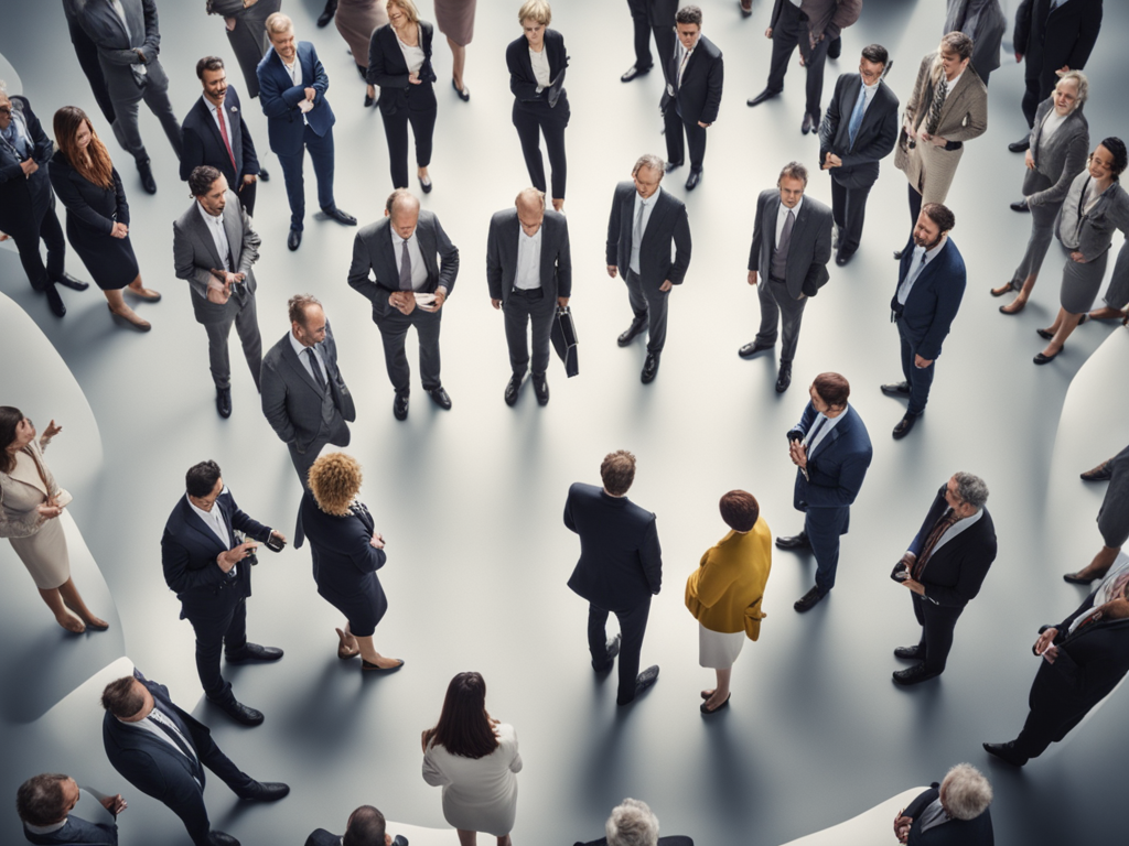 A professional networking event with diverse business professionals engaging in conversation, forming connections, and building relationships in a well-lit, modern setting. The image represents business growth, collaboration, and expanding a professional network